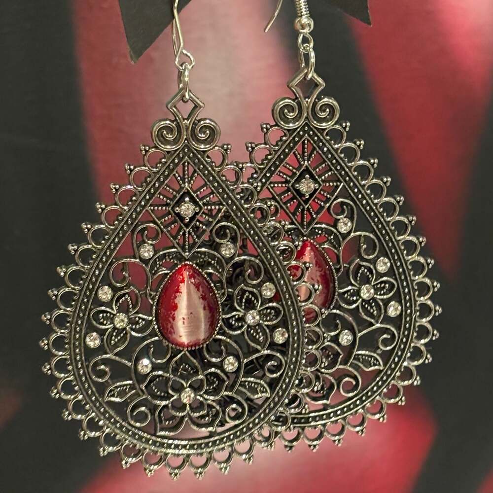 Paparazzi Eden Glow Red Cat's Eye Silver Filigree Teardrop Earrings